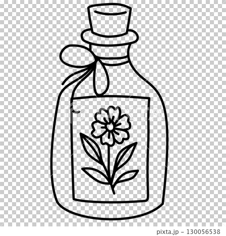 Hand drawn potion bottle illustration with floral label and tied ribbon cottagecore apothecary doodle perfect for spell jars herbal recipes journaling scrapbooking stickers and witchy crafts 130056538
