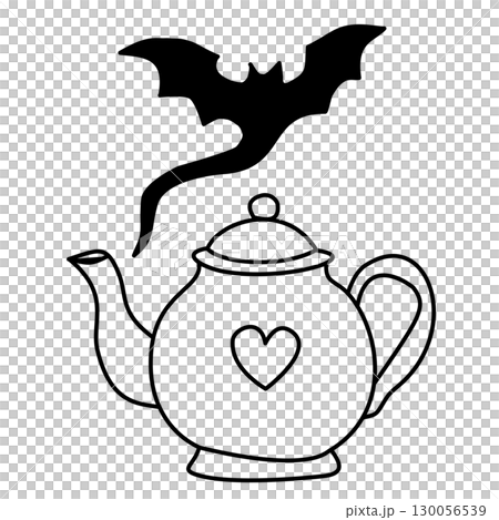 Hand drawn halloween teapot illustration with heart shaped detail and bat shaped steam cozy spooky doodle design for journaling scrapbooking stickers party invitations and witchy kitchen crafts 130056539