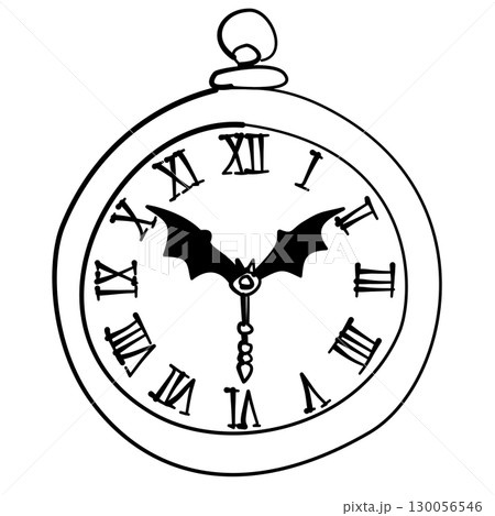 Hand drawn halloween pocket watch illustration with bat shaped clock hands spooky roman numerals magical gothic doodle for journaling scrapbooking stickers party invitations decorations and crafts 130056546