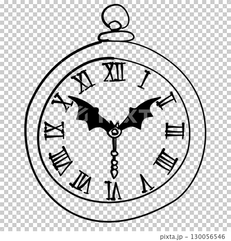 Hand drawn halloween pocket watch illustration with bat shaped clock hands spooky roman numerals magical gothic doodle for journaling scrapbooking stickers party invitations decorations and crafts 130056546