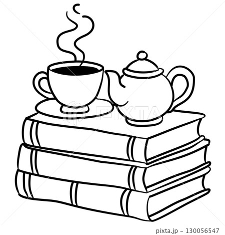 Hand drawn book stack illustrations with coffee cups cozy reading doodle designs cottagecore study elements for journaling scrapbooking stickers invitations classroom decorations and crafts 130056547