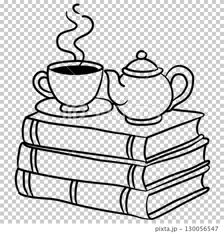 Hand drawn book stack illustrations with coffee cups cozy reading doodle designs cottagecore study elements for journaling scrapbooking stickers invitations classroom decorations and crafts 130056547
