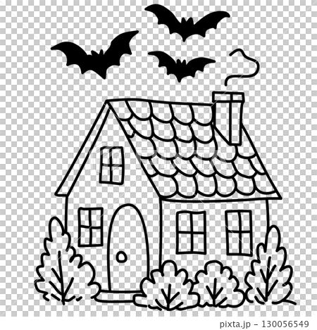 Hand drawn haunted house and bat illustrations with spooky halloween doodle designs whimsical night sky elements for journaling scrapbooking stickers party invitations and creative crafts 130056549