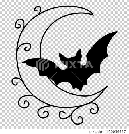 Hand drawn halloween bat and crescent moon illustration with swirling gothic vine doodles magical spooky night sky design for journaling scrapbooking stickers party invitations and mystical crafts 130056557