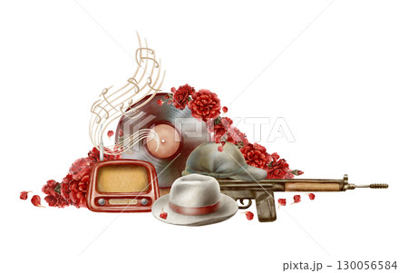 Portuguese revolution of carnations symbols watercolor isolated illustration.Portugal Freedom day holiday clip art with vintage rifle,red carnations,military cap,felt hat,vintage radio,notes,vinyl 130056584