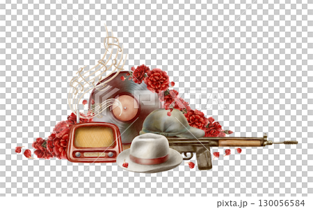 Portuguese revolution of carnations symbols watercolor isolated illustration.Portugal Freedom day holiday clip art with vintage rifle,red carnations,military cap,felt hat,vintage radio,notes,vinyl 130056584