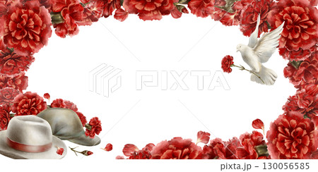 Red carnations flowers in rectangular frame with symbols of portuguese revolution 1974:soaring dove,military cap and civilian felt hat. Watercolor hand-drawn illustration on transparent background Red carnations flowers in rectangular frame with symbols of portuguese revolution 1974:soaring dove,military cap and civilian felt hat. Watercolor hand-drawn illustration on transparent background 130056585
