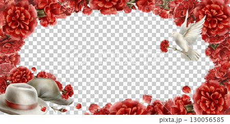 Red carnations flowers in rectangular frame with symbols of portuguese revolution 1974:soaring dove,military cap and civilian felt hat. Watercolor hand-drawn illustration on transparent background Red carnations flowers in rectangular frame with symbols of portuguese revolution 1974:soaring dove,military cap and civilian felt hat. Watercolor hand-drawn illustration on transparent background 130056585