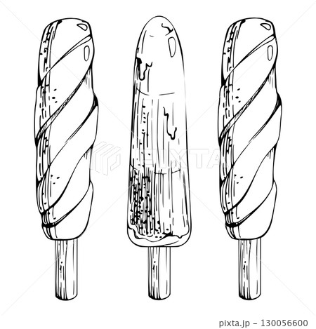 Ice lolly pop popsicle stick with visible swirl shape and water drops, refreshing summer treat hand drawn in ink. Vector graphic illustration, line sketch. Summer dishes, food tag, kitchen wall art 130056600