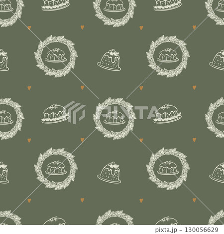 Christmas cakes, fir wreaths and hearts seamless pattern on green background. Green, gold and beige color scheme. Christmas baking. Vintage background. Seamless retro pattern. Vector illustration. 130056629