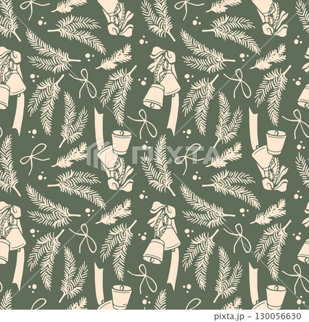 Christmas vintage seamless pattern with fir branches and Christmas decorations for wrapping paper. Christmas beige retro bells, branches, bows on green background. Winter background. Vector Christmas vintage seamless pattern with fir branches and Christmas decorations for wrapping paper. Christmas beige retro bells, branches, bows on green background. Winter background. Vector 130056630