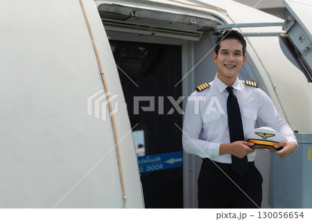 Portrait of a airplane captain in uniform preparing to fly 130056654