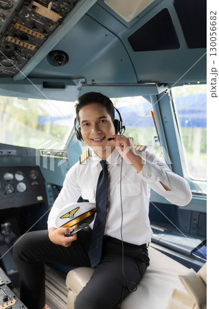 Portrait of a trained airplane captain in uniform preparing to fly in a simulator cockpit. 130056682