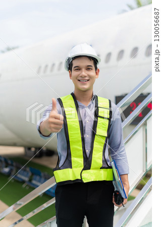 Portrait of male engineer wearing a white hard hat standing inspecting and maintaining an aircraft. Portrait of male engineer wearing a white hard hat standing inspecting and maintaining an aircraft. 130056687