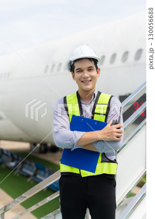 Portrait of male engineer wearing a white hard hat standing inspecting and maintaining an aircraft. Portrait of male engineer wearing a white hard hat standing inspecting and maintaining an aircraft. 130056688
