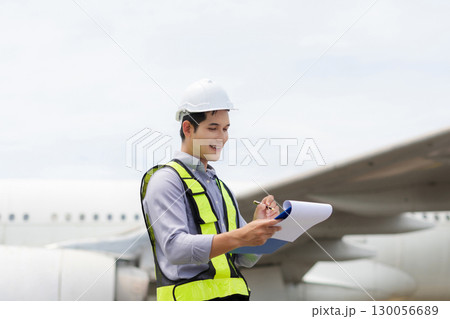 male engineer in a white hard hat stands inspecting and maintaining an aircraft as it moves through the hangar. male engineer in a white hard hat stands inspecting and maintaining an aircraft as it moves through the hangar. 130056689