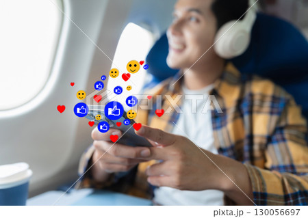Happy man airplane travel, Portrait of man with journey. Happy man airplane travel, Portrait of man with journey. 130056697