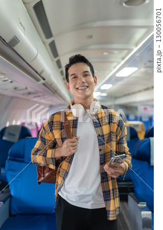 Happy man airplane travel, Portrait of man with journey. 130056701