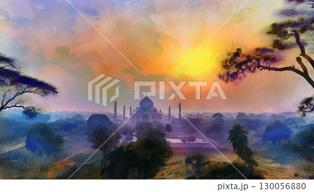 水彩で描いたインドの風景 130056880