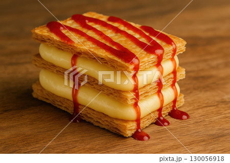 Mille feuille pastry with creamy custard filling and red sauce drizzle on wooden surface, delicious dessert with flaky layers and smooth texture 130056918