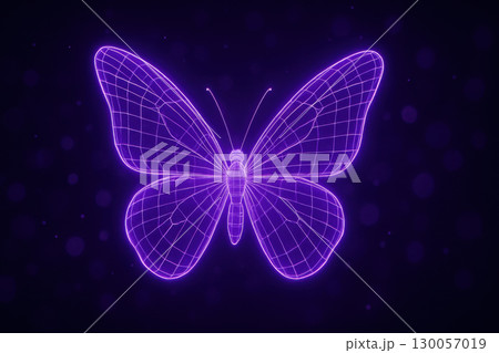 Digital wireframe butterfly glowing purple neon light with particle bokeh background, futuristic abstract art design with delicate wing details 130057019