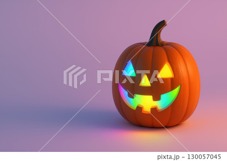 Halloween pumpkin glowing rainbow light minimal background smiling face orange color isolated object 130057045