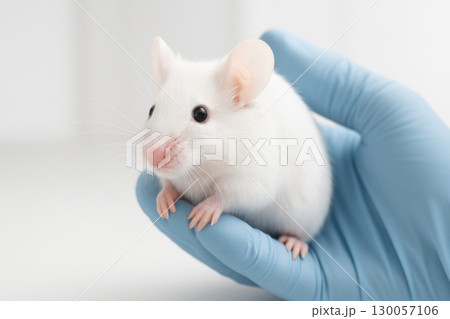 White laboratory mouse held gently by gloved hands in clean biomedical research setting with soft lighting and scientific focus 130057106