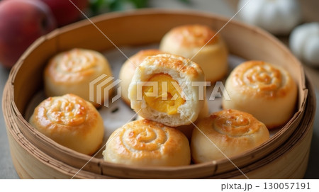 Colorful peach-shaped Chinese buns inside a bamboo steamer 130057191