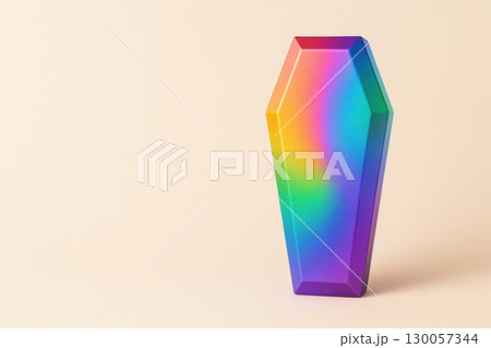 Rainbow coffin with metallic finish stands on beige background, creating vibrant and colorful Halloween concept with minimalistic style 130057344