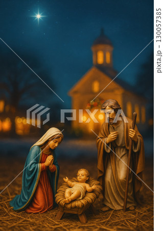Nativity scene with baby Jesus, Mary, and Joseph near church at night under bright star, evoking peaceful and spiritual emotions 130057385