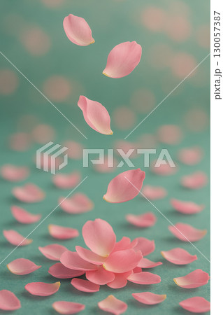 Pink rose petals falling gracefully onto teal surface with shallow depth of field creating romantic floral background perfect for spring wedding 130057387