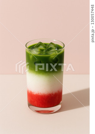 Iced matcha strawberry latte with clear layers of green, white, and red in glass, refreshing drink with ice cubes on pastel background 130057448
