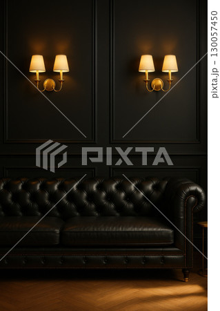Luxurious black panel wall interior with elegant wall sconces tufted leather sofa and gold accents modern sophistication concept 130057450