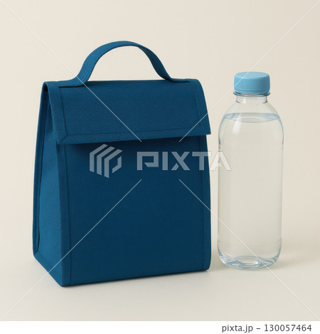 Minimalist blue lunch bag placed beside clear water bottle clean background hydration and meal prep concept 130057464