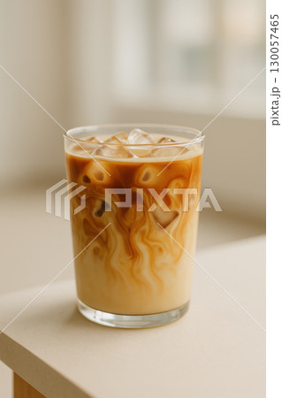 Iced caramel latte with creamy milk swirling in clear glass on light surface, soft natural lighting creating cozy atmosphere 130057465