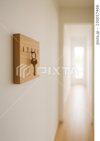 Minimalist wooden key holder mounted on white wall with single brass key hanging, bright hallway background creating calm and inviting atmosphere 130057466