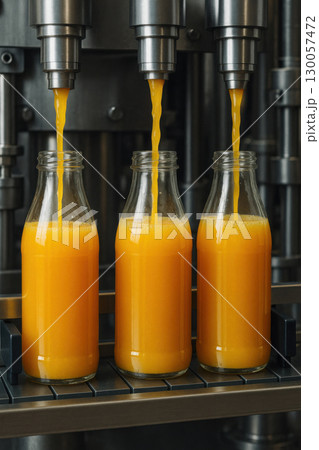 Orange juice being filled into glass bottles on modern production line with stainless steel factory equipment background 130057472