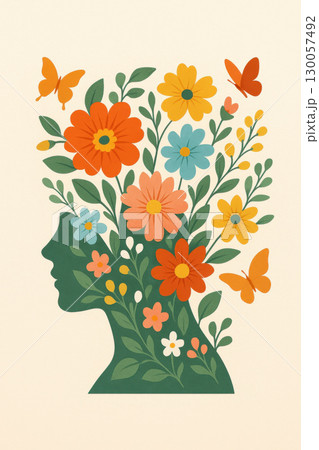 Silhouette profile filled with blooming flower and butterfly elements, colorful botanical art concept with vibrant orange, yellow, and blue tones Silhouette profile filled with blooming flower and butterfly elements, colorful botanical art concept with vibrant orange, yellow, and blue tones 130057492