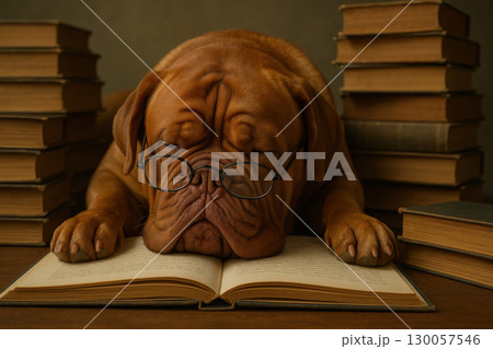 Sleeping dog with glasses on open book surrounded by stacked old books creating cozy academic study atmosphere 130057546