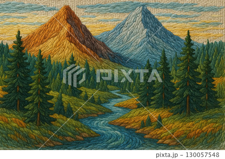 Embroidered landscape with towering mountains pine trees and flowing river colorful thread art scene evokes calm and natural beauty 130057548