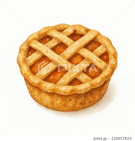 Mini lattice crust pie with golden brown baked filling and sugar dust on white background, watercolor illustration clipart 130057624