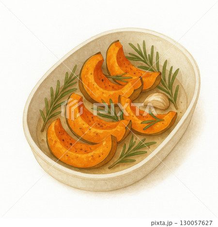 Roasted pumpkin slices with garlic and rosemary in ceramic dish, warm autumn food illustration with cozy and rustic feel Roasted pumpkin slices with garlic and rosemary in ceramic dish, warm autumn food illustration with cozy and rustic feel 130057627