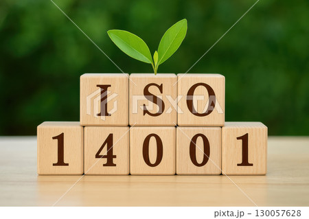 Wooden cube blocks arranged to display ISO 14001 with fresh green plant sprout symbolizing environmental management and sustainability concept 130057628