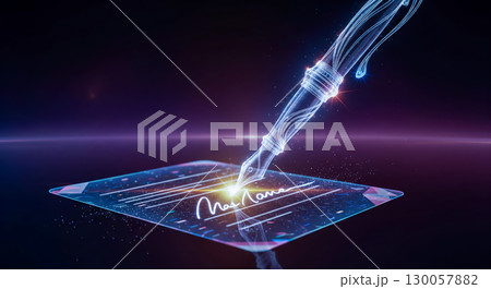 Electronic signature on digital contract with glowing futuristic pen, business technology concept for online agreement validation and secure document signing illustration 130057882