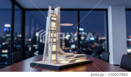 Futuristic skyscraper model on table in modern office at night, creative architectural design concept for ambitious real estate development and business success 130057883