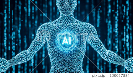 Closeup of digital human with artificial intelligence processor in chest, futuristic concept of cyborg technology and evolution of machine learning mind 130057884