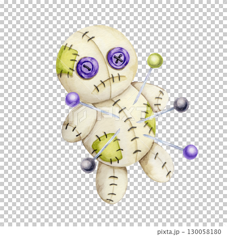 Patchy voodoo doll with purple and green stitched areas, multiple pins and mismatched buttons. Watercolor clipart in seamless pattern use for digital decor or printable kits 130058180