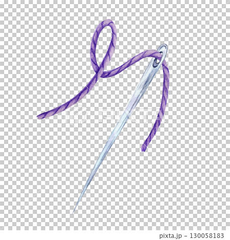 Silver needle threaded with violet string in a bow shape. Watercolor clipart festive composition element ideal for sewing-themed Halloween designs, stickers, or invitations Silver needle threaded with violet string in a bow shape. Watercolor clipart festive composition element ideal for sewing-themed Halloween designs, stickers, or invitations 130058183