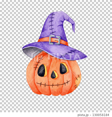 Orange jack-o-lantern pumpkin with purple witch hat and buckle, painted in watercolor clipart style. Festive composition element for Halloween invitations, stickers, apparel, and mugs Orange jack-o-lantern pumpkin with purple witch hat and buckle, painted in watercolor clipart style. Festive composition element for Halloween invitations, stickers, apparel, and mugs 130058184