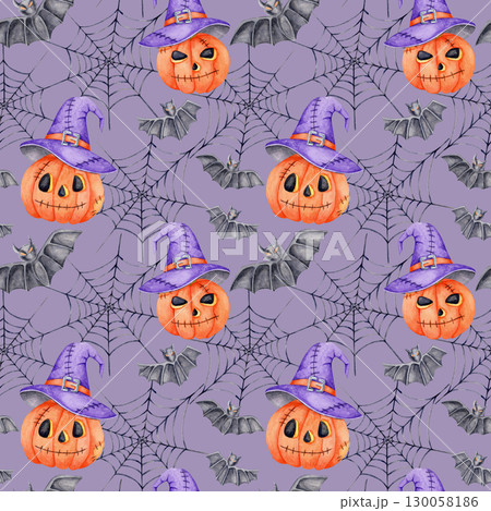 Orange pumpkins in purple witch hats and bats on the dark violet background with spiderwebs. Watercolor clipart in festive Halloween style for spooky greeting cards, planner stickers, and fabric Orange pumpkins in purple witch hats and bats on the dark violet background with spiderwebs. Watercolor clipart in festive Halloween style for spooky greeting cards, planner stickers, and fabric 130058186